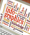 Laptop displaying a world cloud with the word "infographic" highlighted.