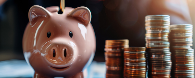 Piggy bank in front of coin stacks.